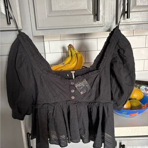 Free People Black Puff Sleeve Blouse